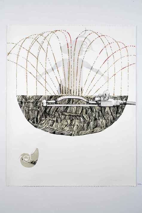 Sprinkler, 2010, etching, graphite, acrylic, gold leaf, 42